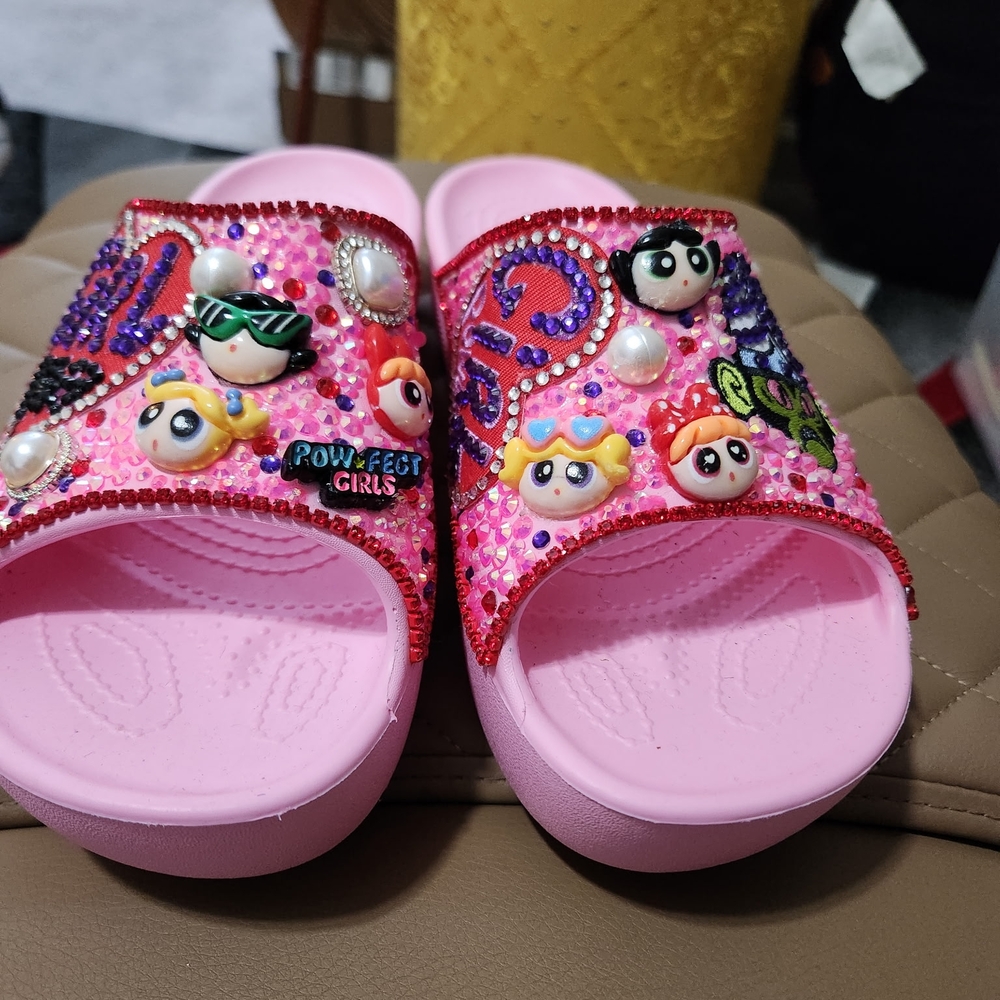 Pink Powerpuff Beaded Slide Sandals with Embellishments